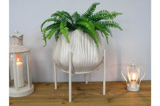 Tall Cream Metal Scalloped Planter