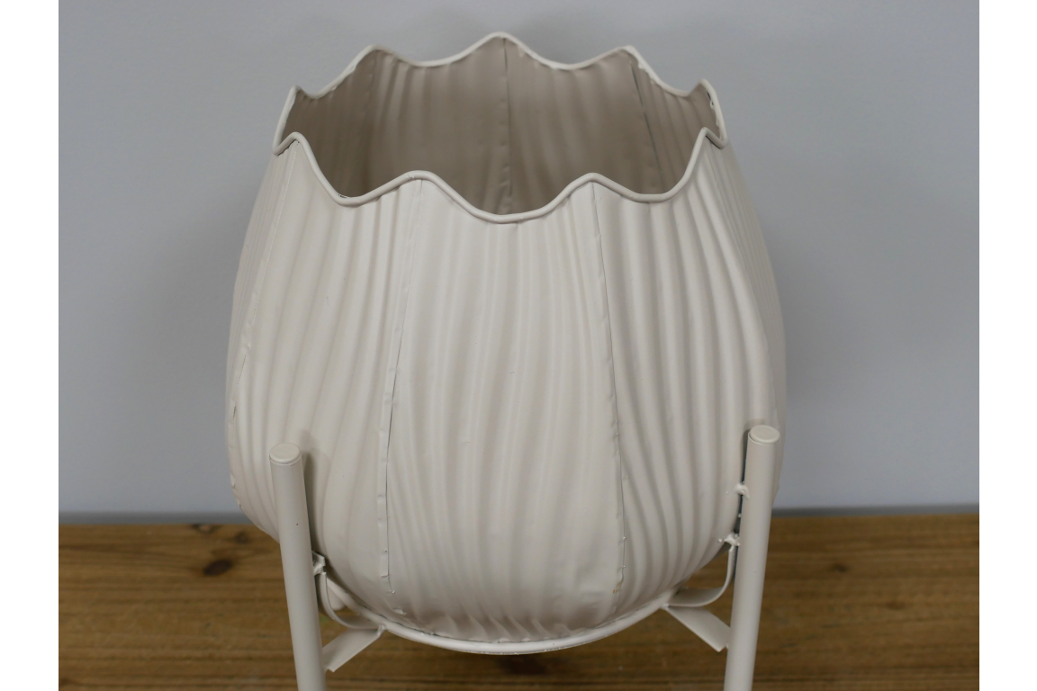 Tall Cream Metal Scalloped Planter