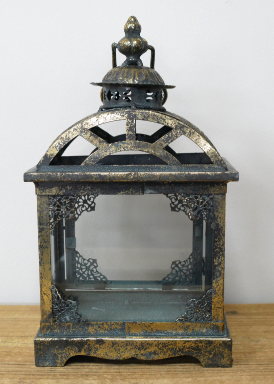 Arched Metal And Glass Lantern In Aged Gold