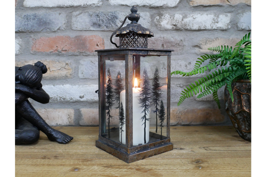 Large Tree Motif Lantern In Glass & Aged Gold Steel