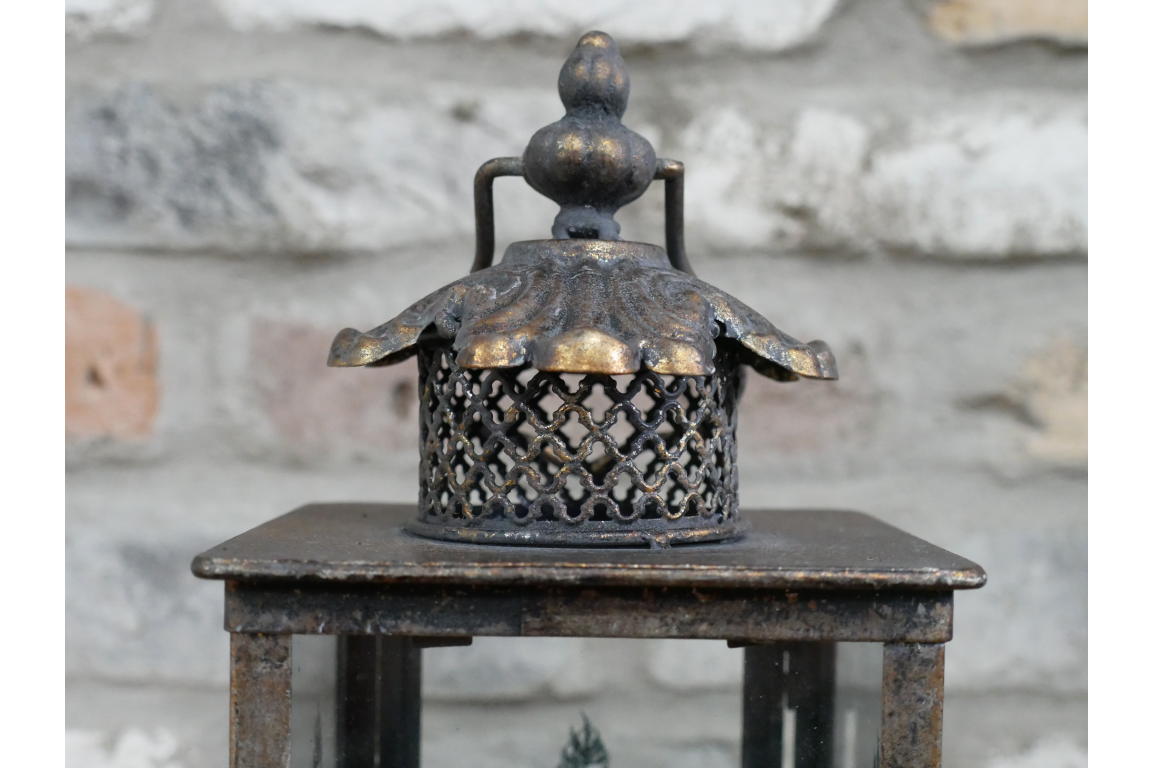 Large Tree Motif Lantern In Glass & Aged Gold Steel