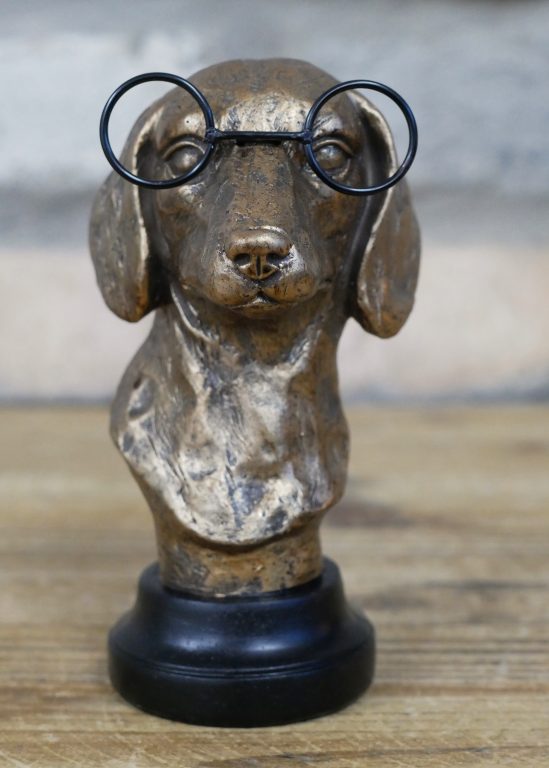 Small Dog With Glasses Bust In Antique Gold