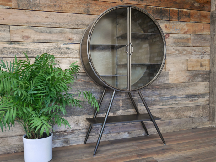 Industrial Style Metal Circular Display Cabinet, Vintage Gold