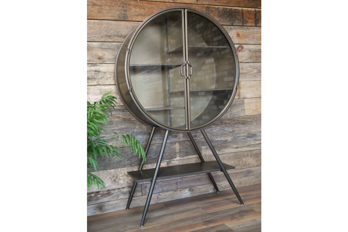 Industrial Style Metal Circular Display Cabinet, Vintage Gold