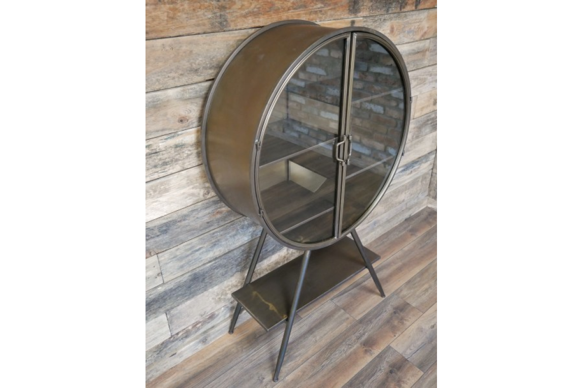Industrial Style Metal Circular Display Cabinet, Vintage Gold
