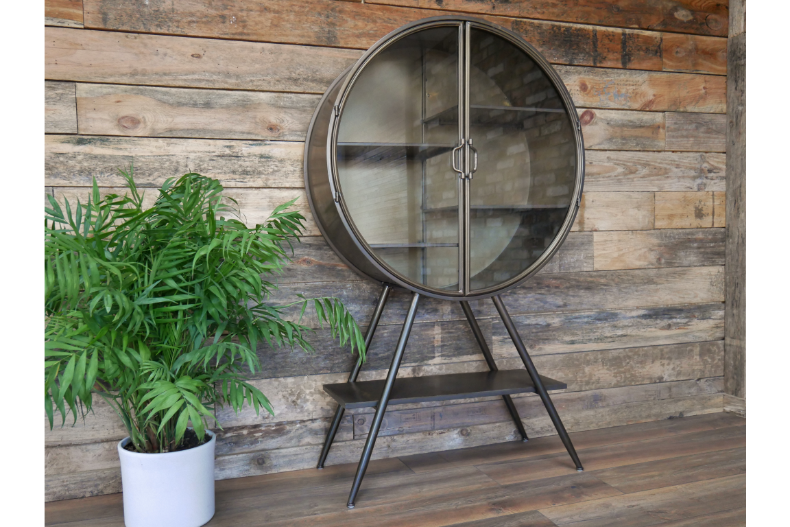Industrial Style Metal Circular Display Cabinet, Vintage Gold