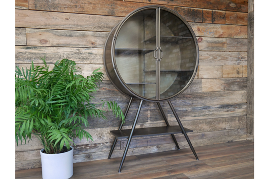 Industrial Style Metal Circular Display Cabinet, Vintage Gold