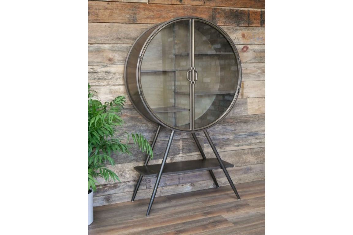 Industrial Style Metal Circular Display Cabinet, Vintage Gold