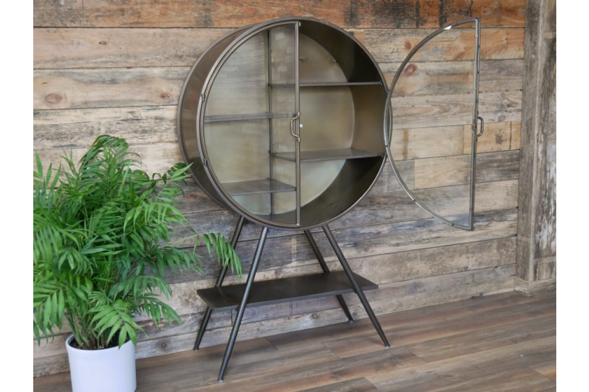 Industrial Style Metal Circular Display Cabinet, Vintage Gold