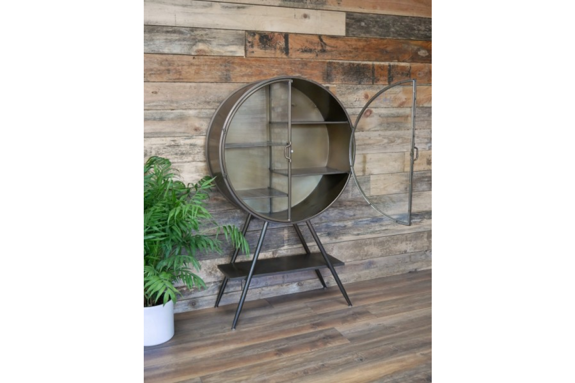 Industrial Style Metal Circular Display Cabinet, Vintage Gold