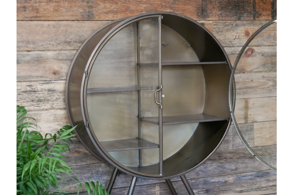 Industrial Style Metal Circular Display Cabinet, Vintage Gold