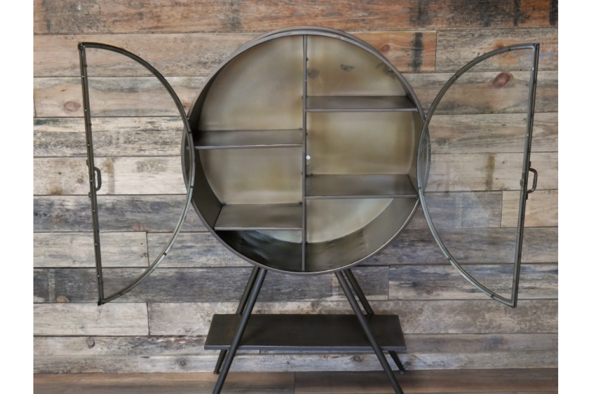 Industrial Style Metal Circular Display Cabinet, Vintage Gold