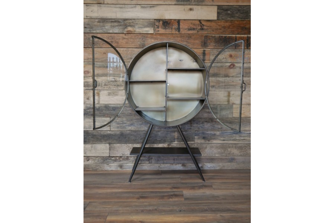 Industrial Style Metal Circular Display Cabinet, Vintage Gold