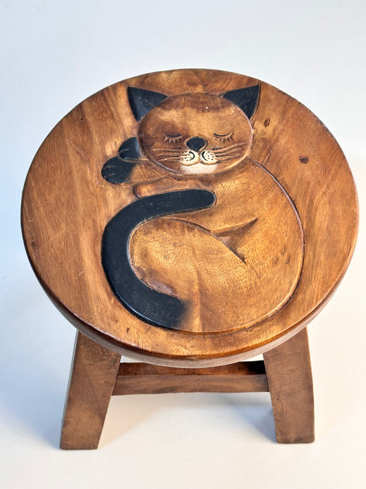 Children's Wooden Sleepy Cat Face Stool