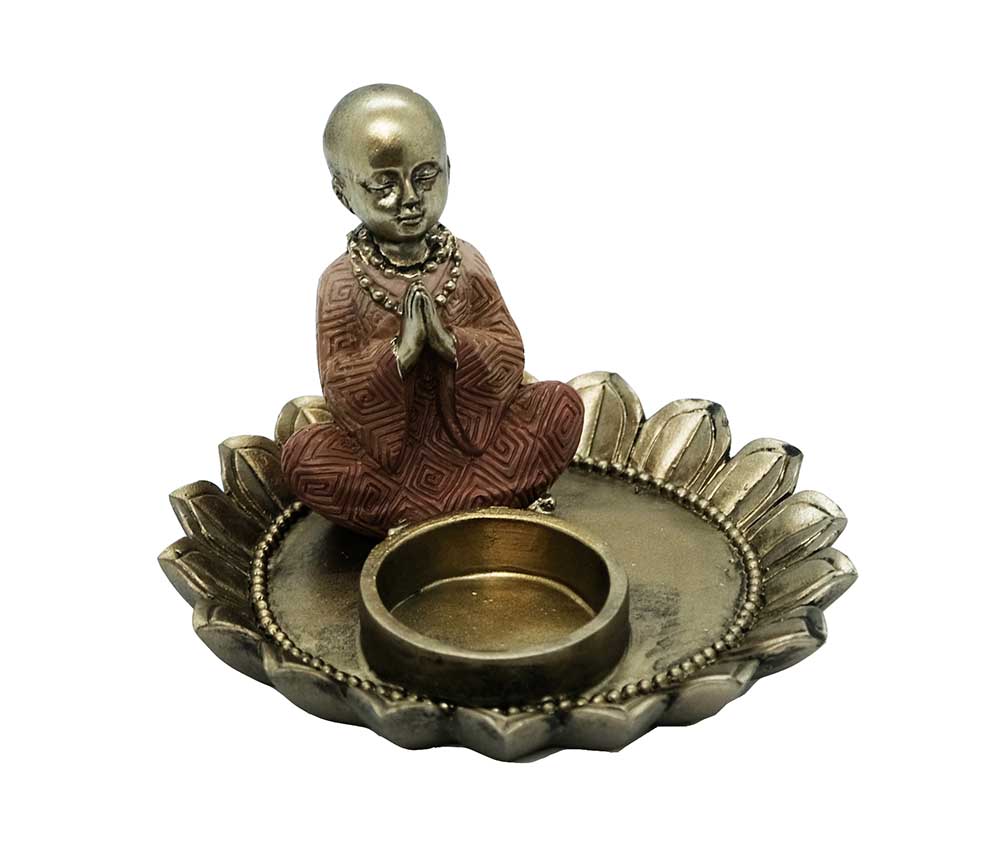 Praying Monk T-Light Holder In Lotus Flower