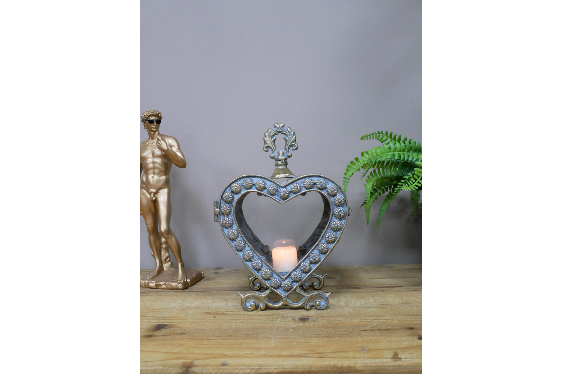 Large Ornate Metal & Glass Heart Lantern