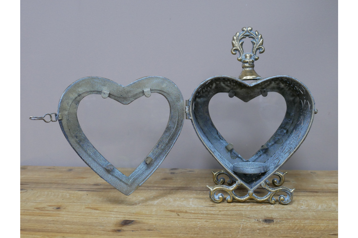 Large Ornate Metal & Glass Heart Lantern