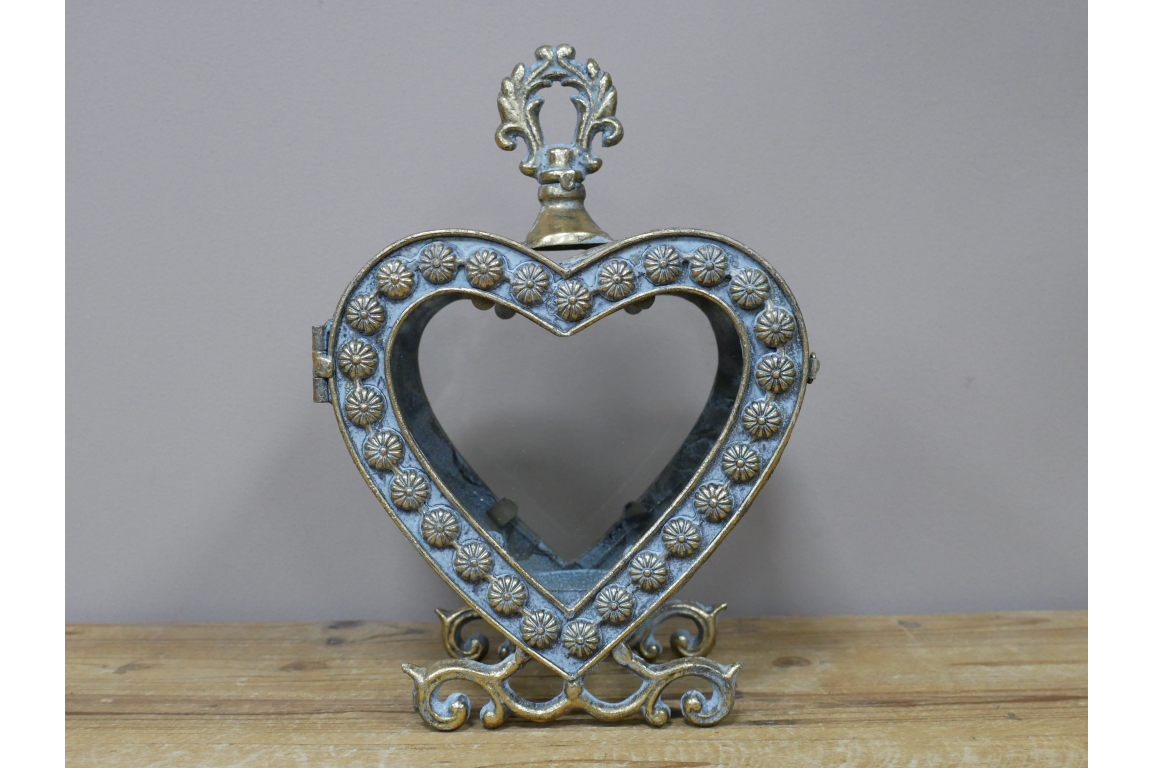 Large Ornate Metal & Glass Heart Lantern