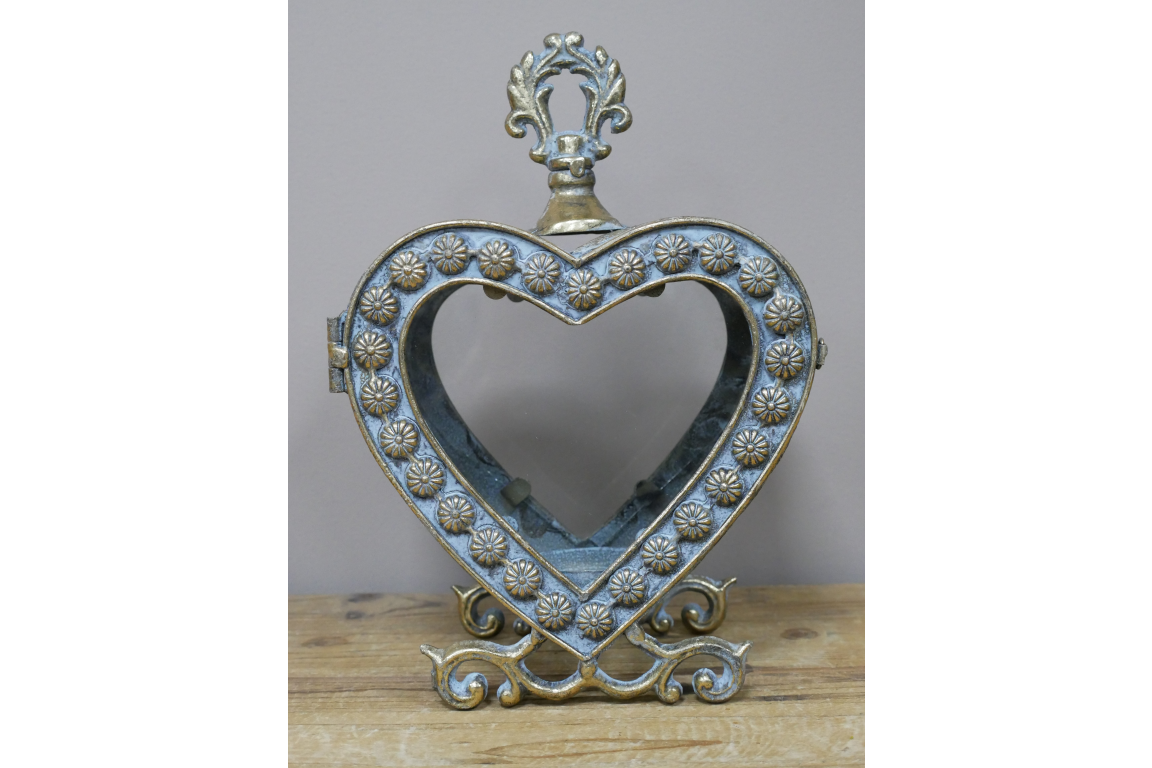 Large Ornate Metal & Glass Heart Lantern