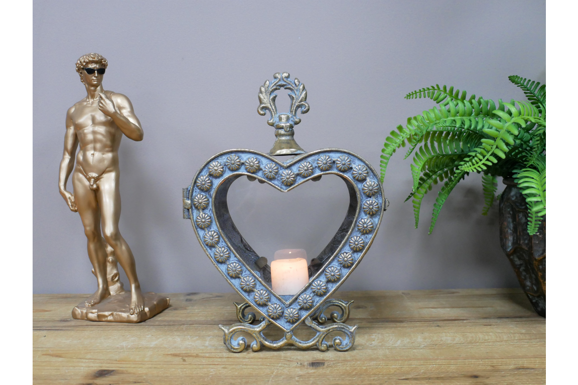 Large Ornate Metal & Glass Heart Lantern