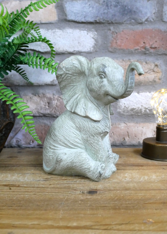 Elephant With Raised Trunk Statue Pale Grey