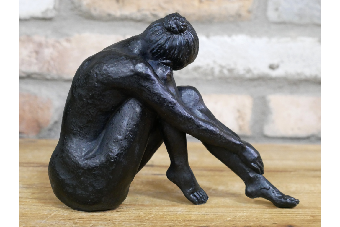 Sitting Woman Sculpture in Aged Black/Bronze