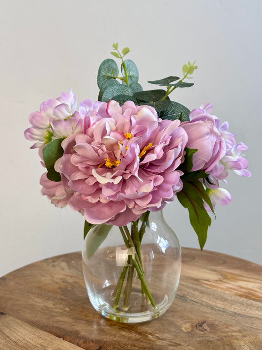 Lilac Poeny Faux Floral Clear Glass Vase 20cm x 29cm