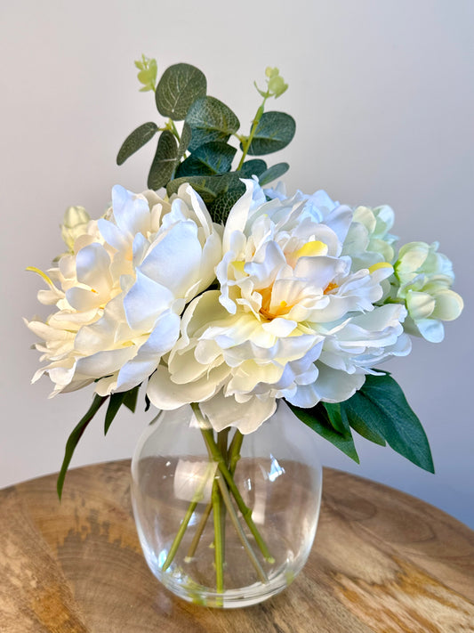 White Poeny Faux Floral Clear Glass Vase 20cm x 29cm