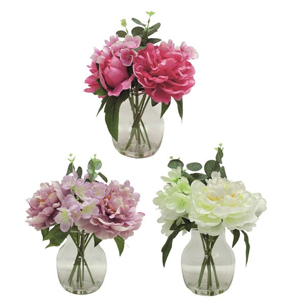 White Poeny Faux Floral Clear Glass Vase 20cm x 29cm