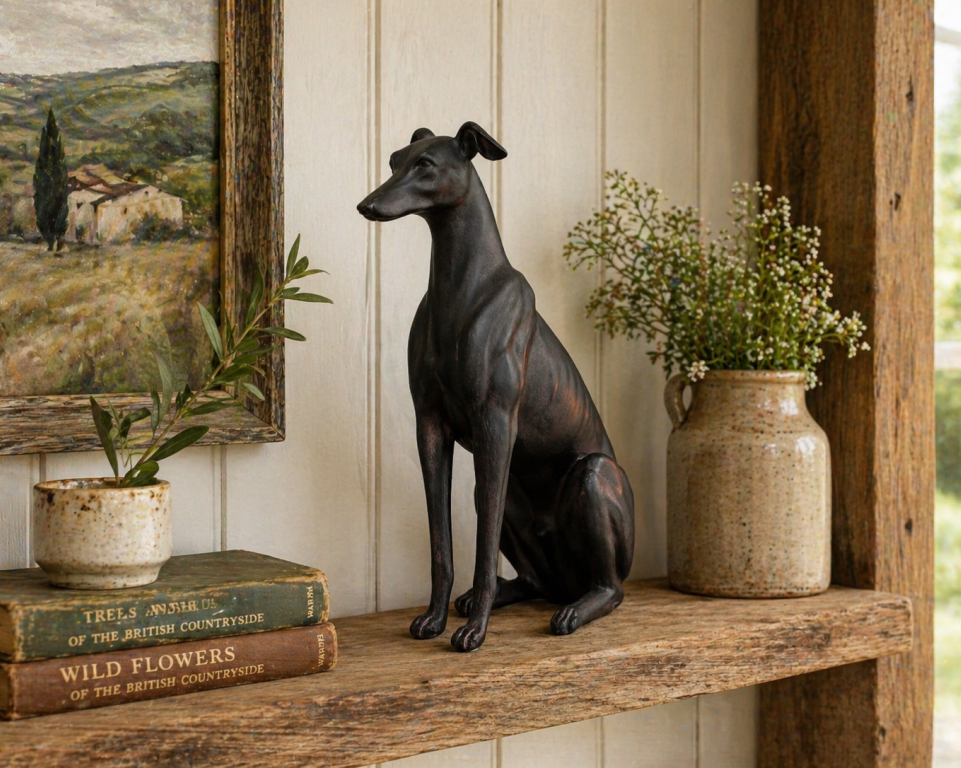 Sitting Dog Statue In Aged Black