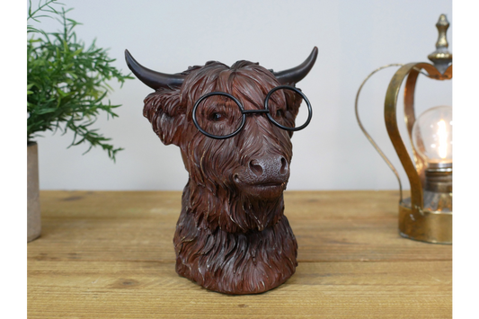 Brown Cow Head Bust With Glasses Statue