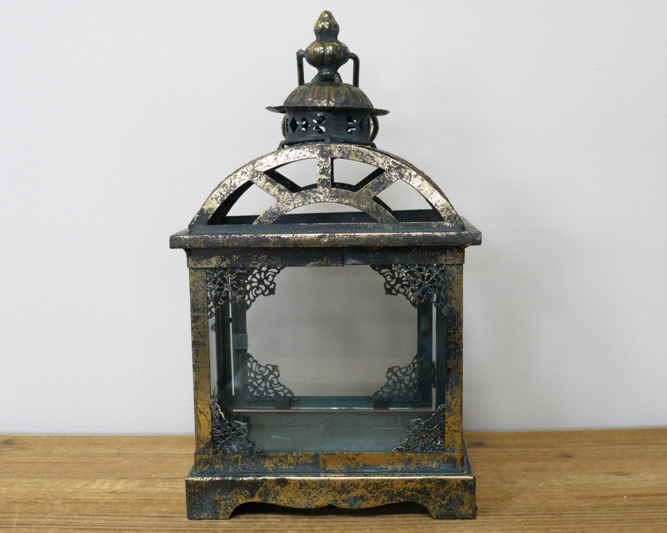 Arched Metal And Glass Lantern In Aged Gold
