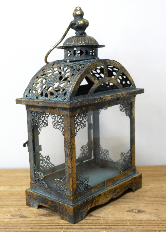 Arched Metal And Glass Lantern In Aged Gold