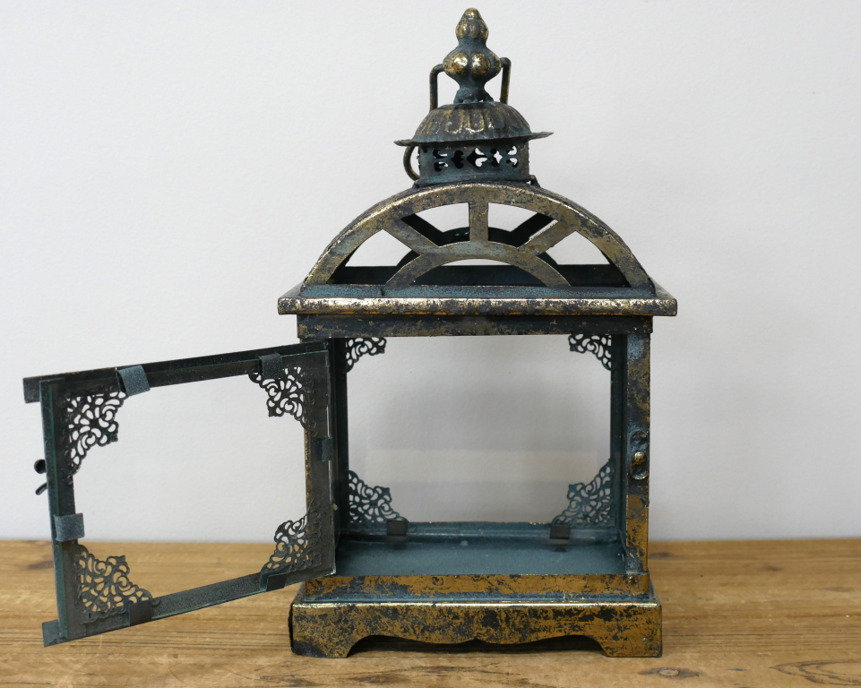 Arched Metal And Glass Lantern In Aged Gold