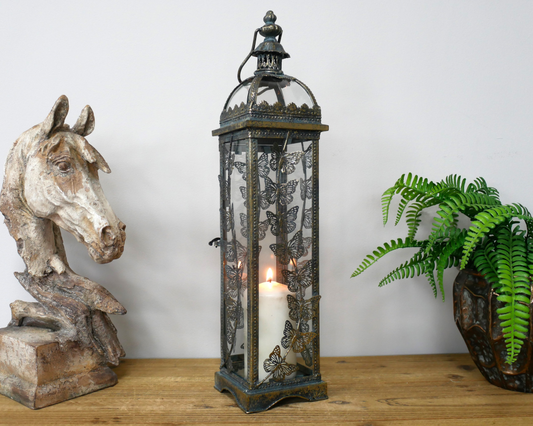 Tall Butterfly Candle Lantern In Antique Silver