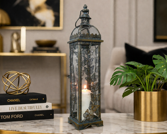 Tall Butterfly Candle Lantern In Antique Silver