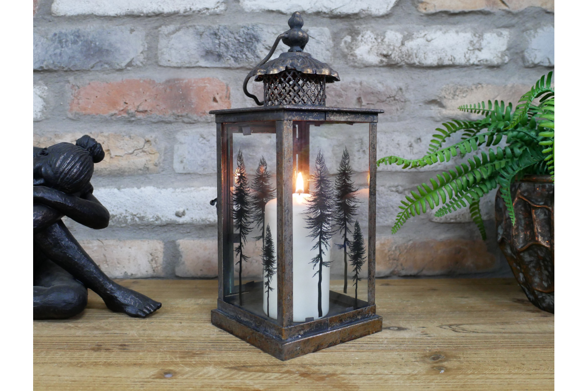 Large Tree Motif Lantern In Glass & Aged Gold Steel