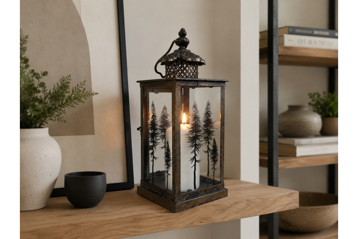 Large Tree Motif Lantern In Glass & Aged Gold Steel