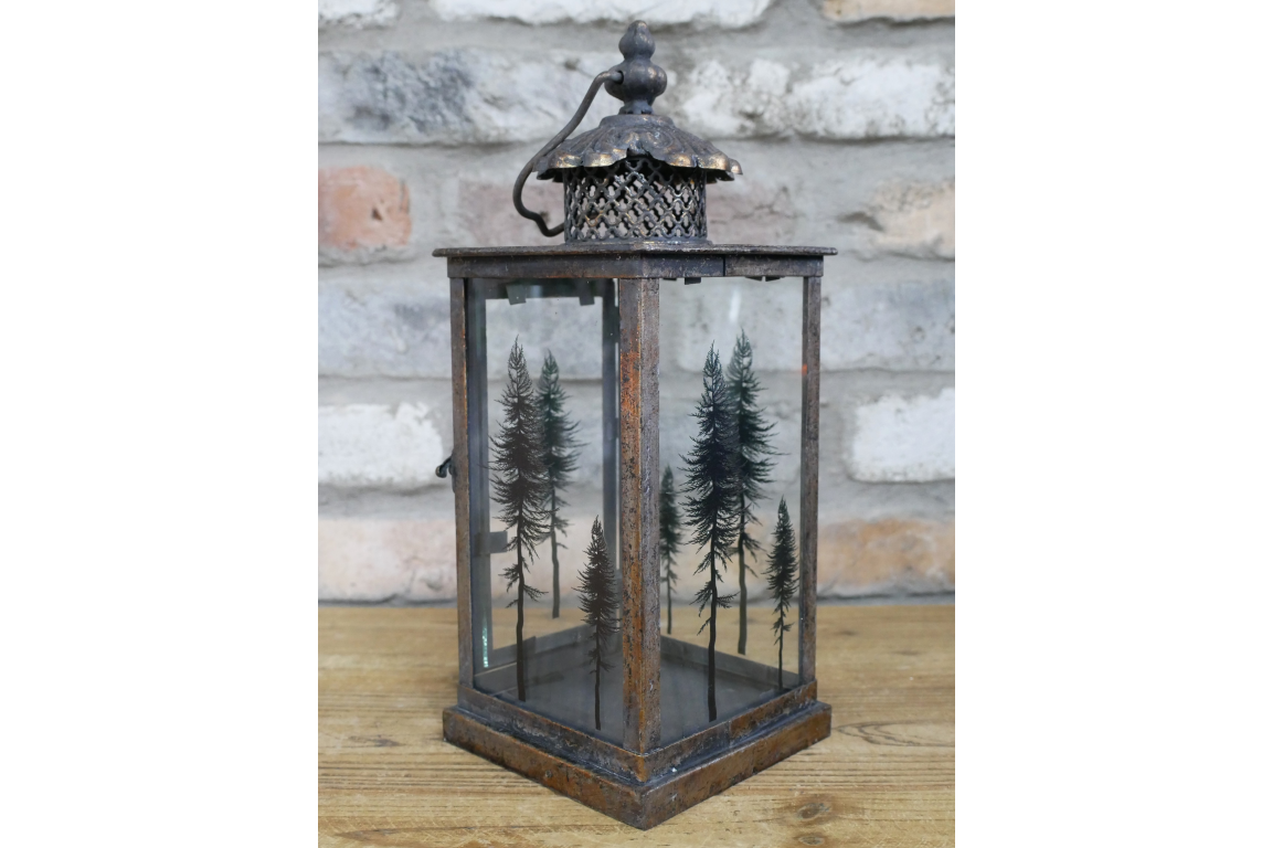 Large Tree Motif Lantern In Glass & Aged Gold Steel