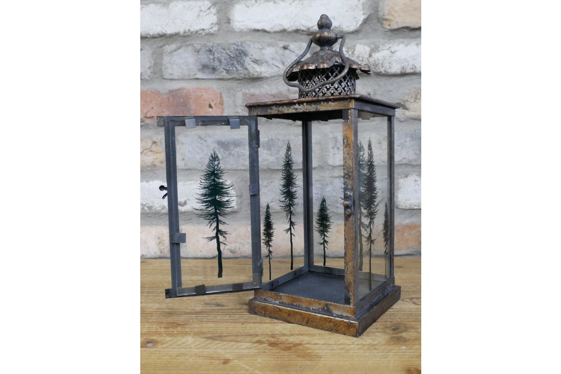 Large Tree Motif Lantern In Glass & Aged Gold Steel