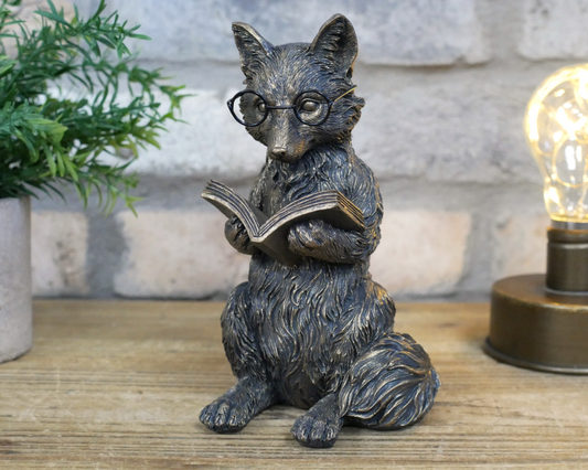 Reading Fox Statue In Brass Effect