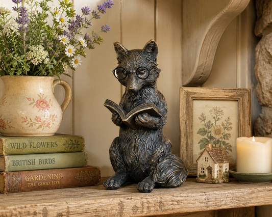 Reading Fox Statue In Brass Effect