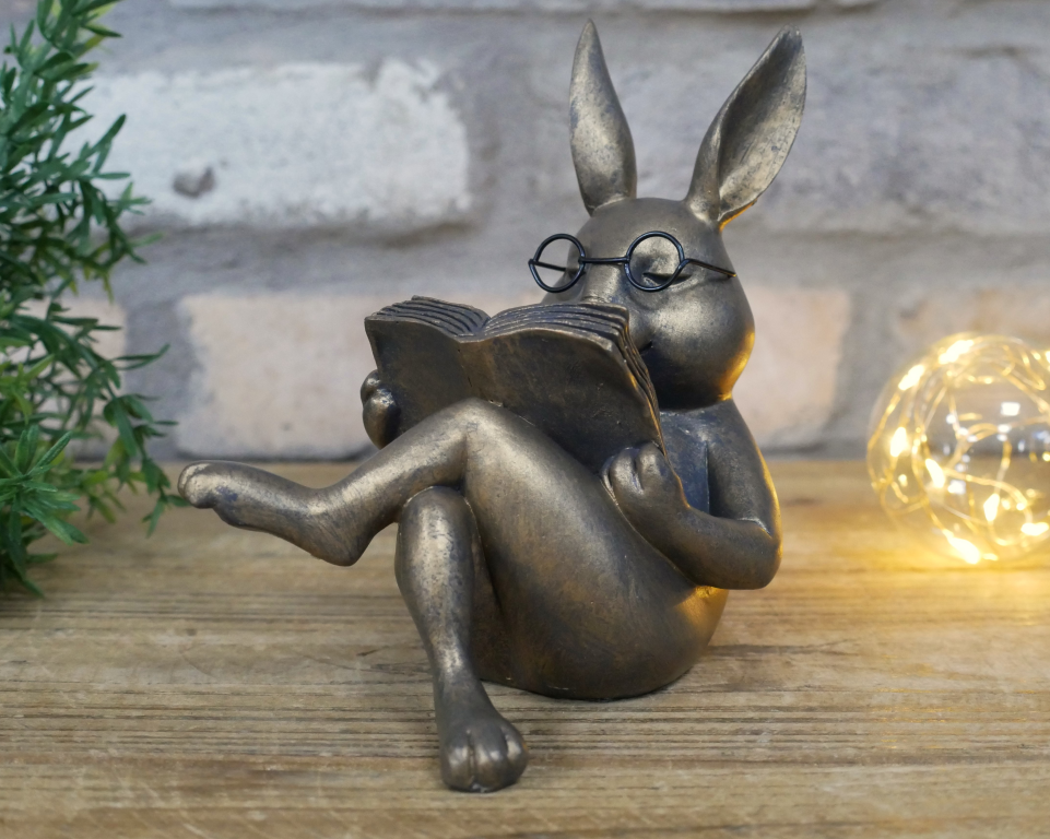 Rabbit Reading Statue In Aged Brass Effect