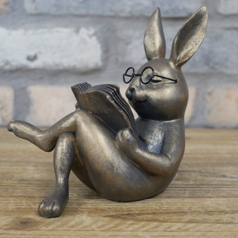 Rabbit Reading Statue In Aged Brass Effect