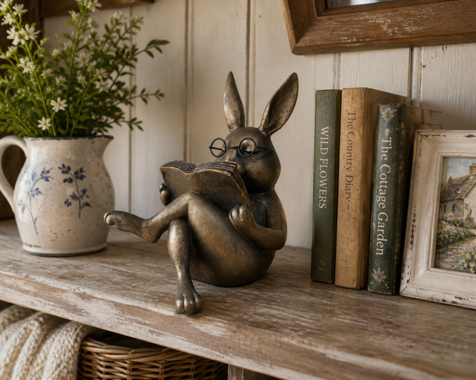 Rabbit Reading Statue In Aged Brass Effect