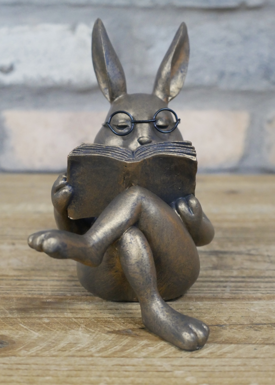 Rabbit Reading Statue In Aged Brass Effect