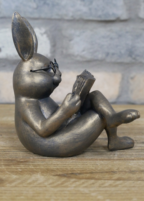 Rabbit Reading Statue In Aged Brass Effect