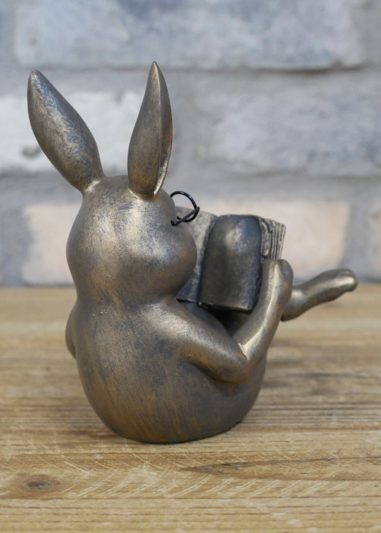 Rabbit Reading Statue In Aged Brass Effect