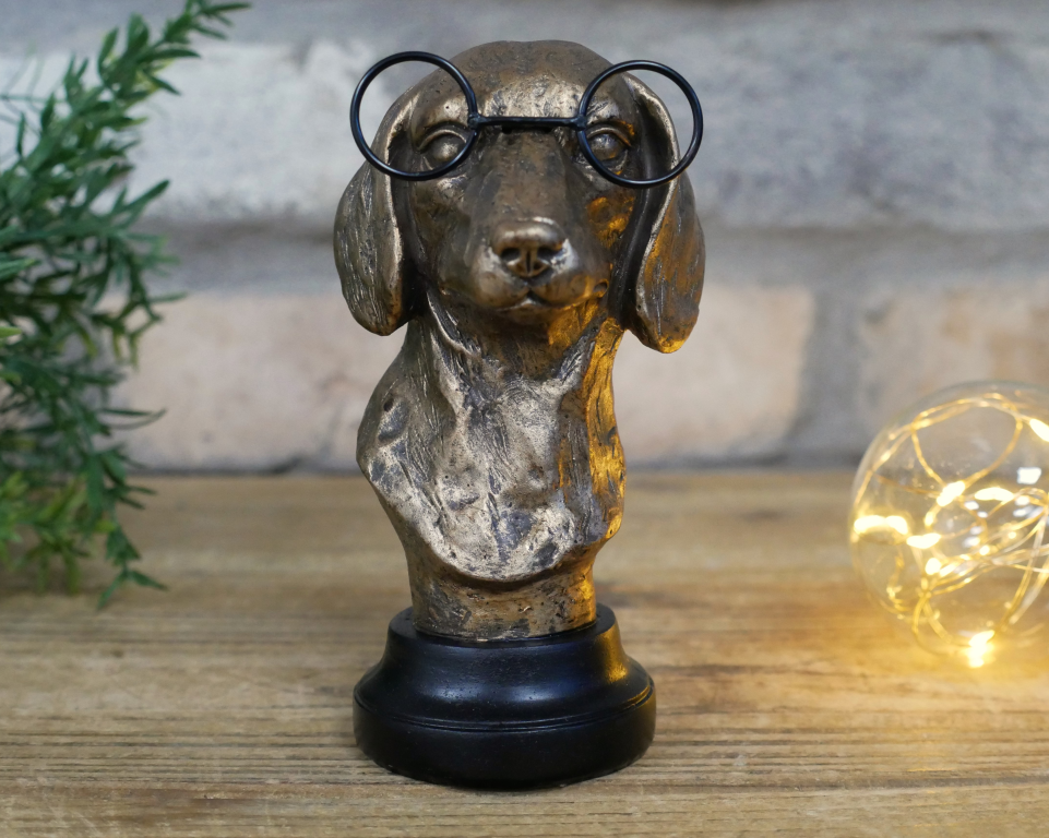 Small Dog With Glasses Bust In Antique Gold