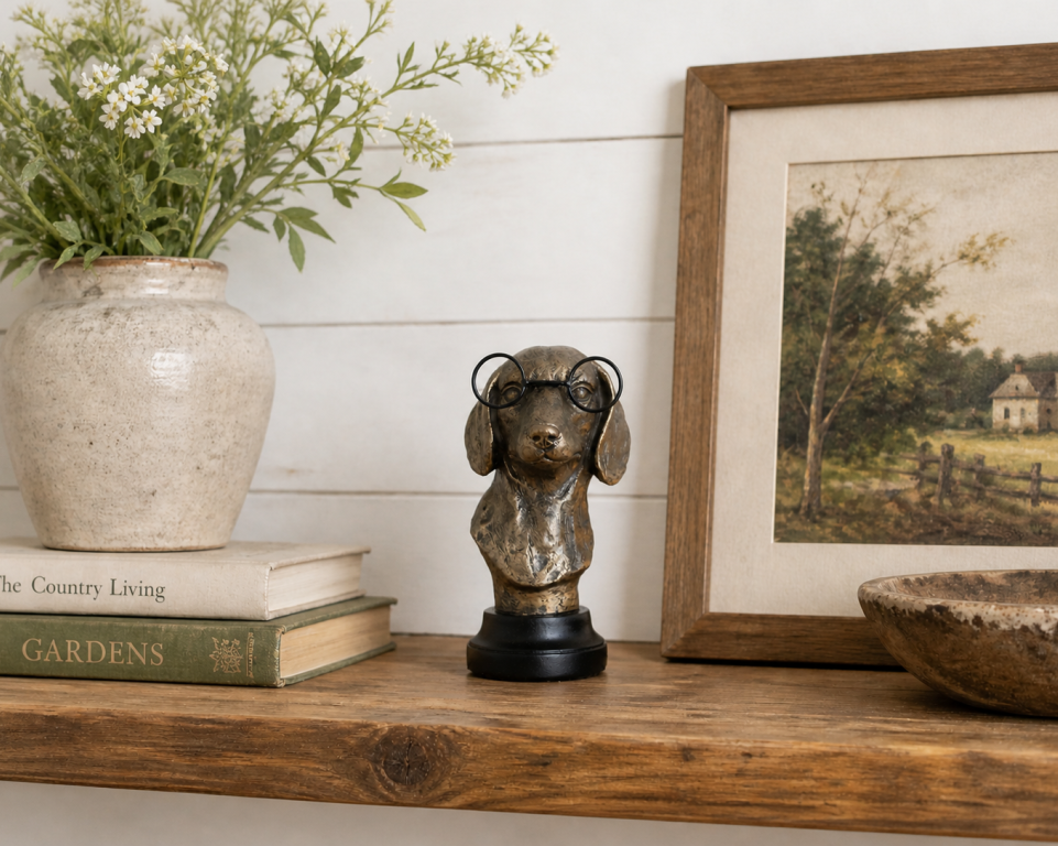 Small Dog With Glasses Bust In Antique Gold